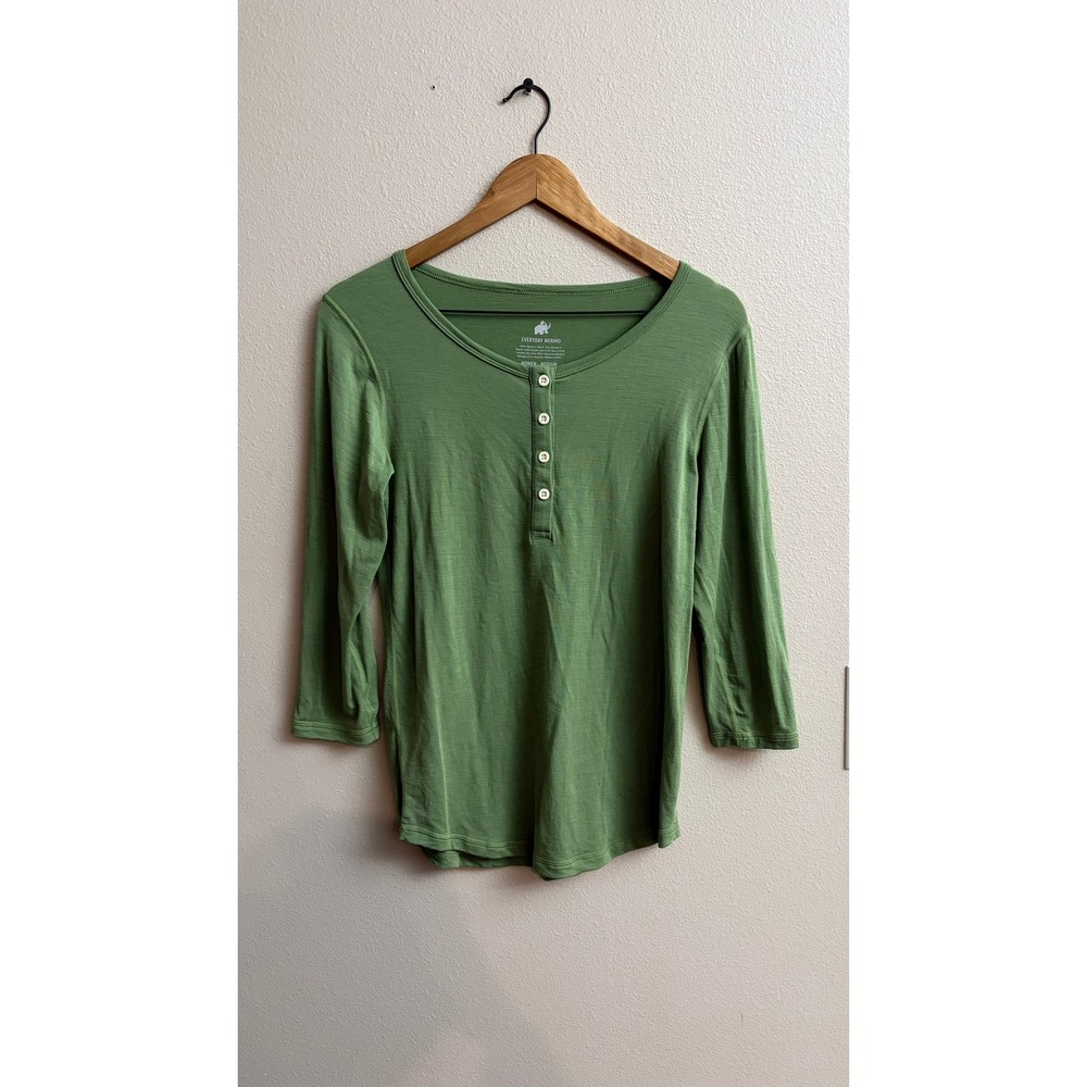 Woolly Everyday Merino Henley Top Medium Sage Green 3/4 Sleeve Wool Blend Base